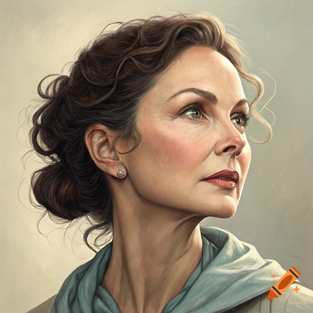 Realistic portrait illustration of a woman looking upwards.