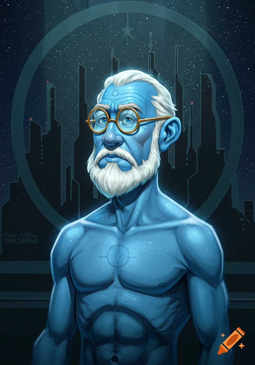 A blue-skinned man with white hair, beard, and glasses, resembling Dr. Manhattan, against a futuristic city skyline.