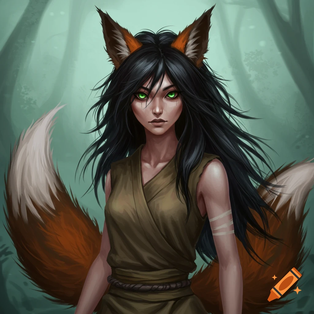 A woman with fox ears and tails and green eyes in a forest.