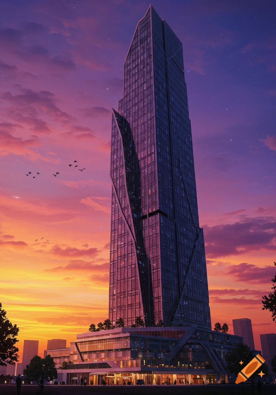 A futuristic glass skyscraper stands tall against a vibrant orange and purple sunset sky.