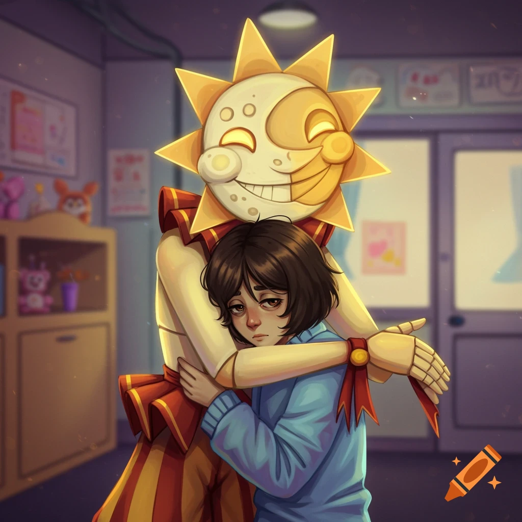 Sun from Five Nights at Freddy's hugging a child in a daycare.