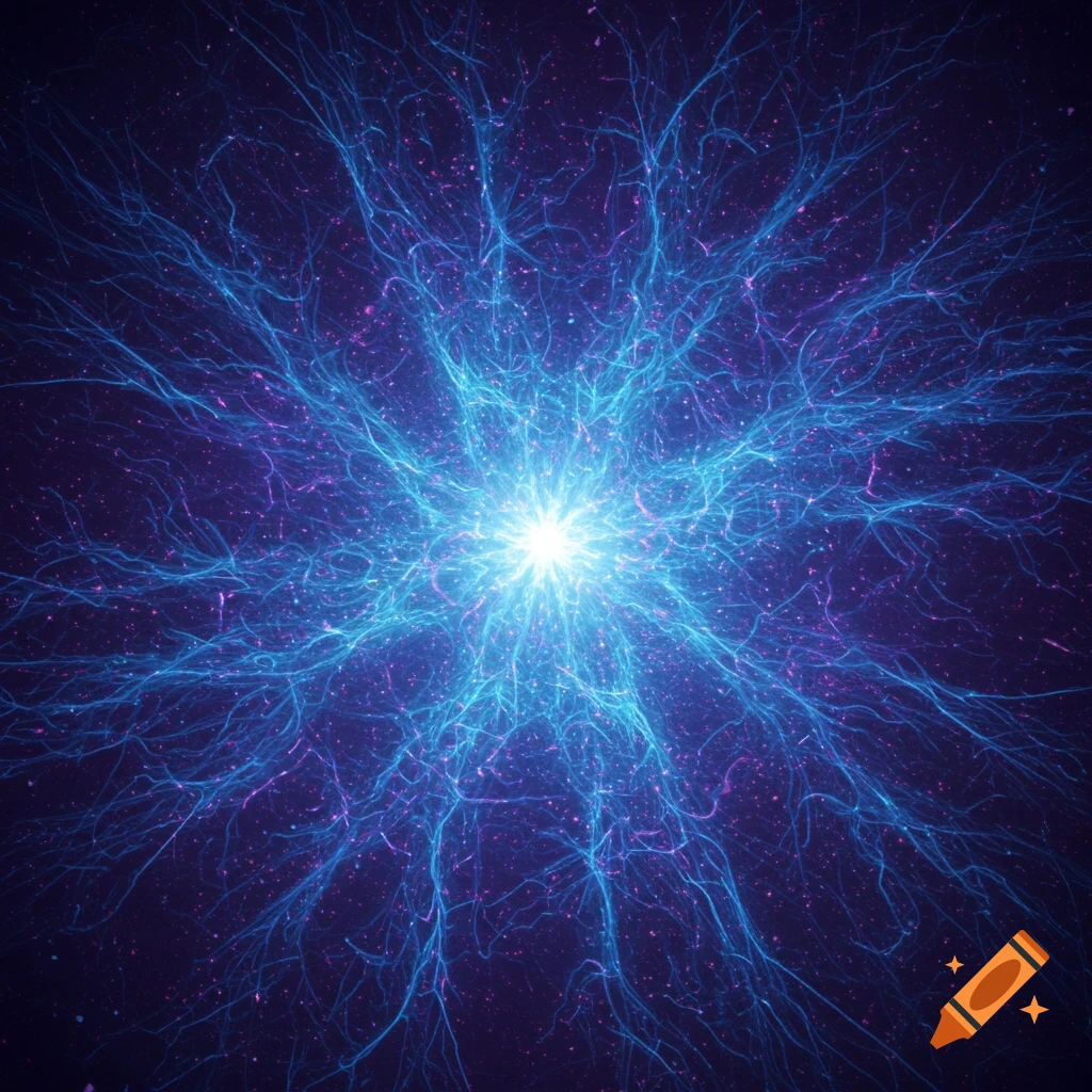 Abstract image of a bright light burst with glowing blue tendrils on a dark background.