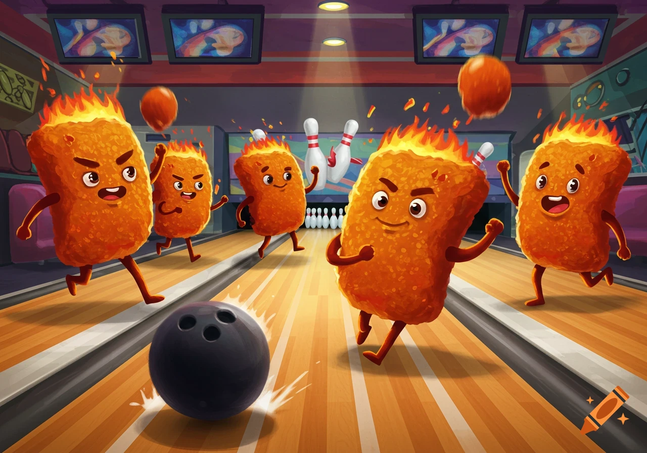 Cartoon spicy nuggets bowling in a bowling alley