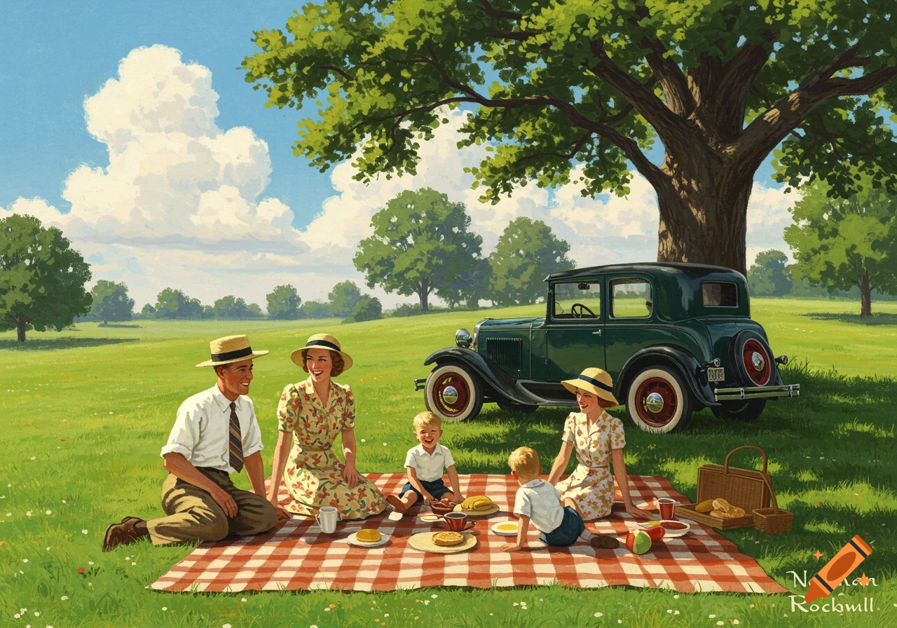 Family picnic with vintage car under a tree, Norman Rockwell style