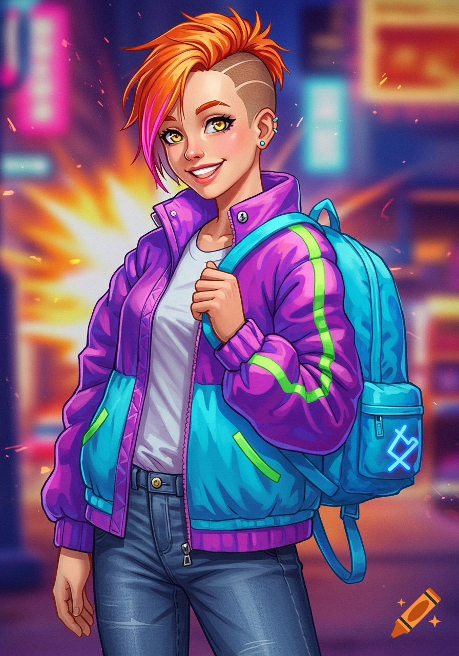 Stylized portrait of a smiling woman with bright orange hair, cyberpunk jacket, and backpack in a neon city.