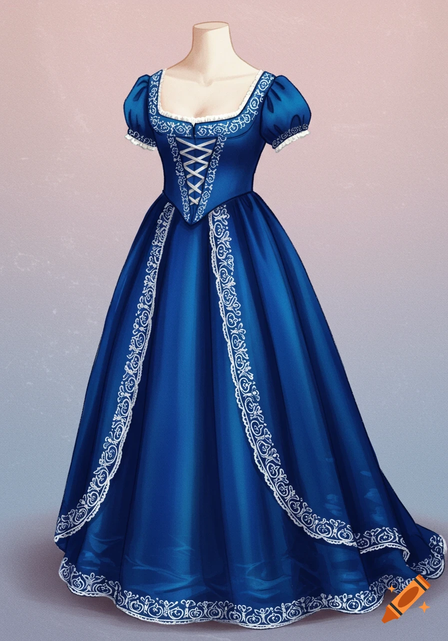 A blue Regency era dress with white and silver trim on a mannequin.