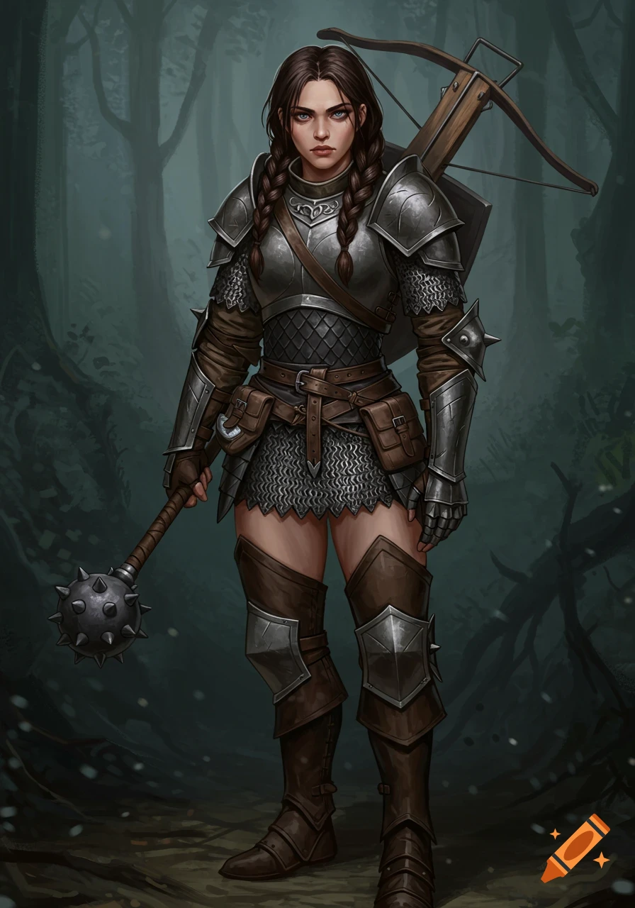 A female warrior in fantasy armor holds a mace in a forest, with a crossbow on her back.