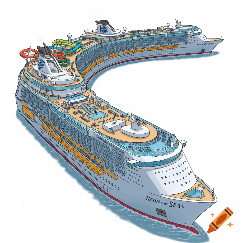 Cartoon illustration of a very long cruise ship on the water