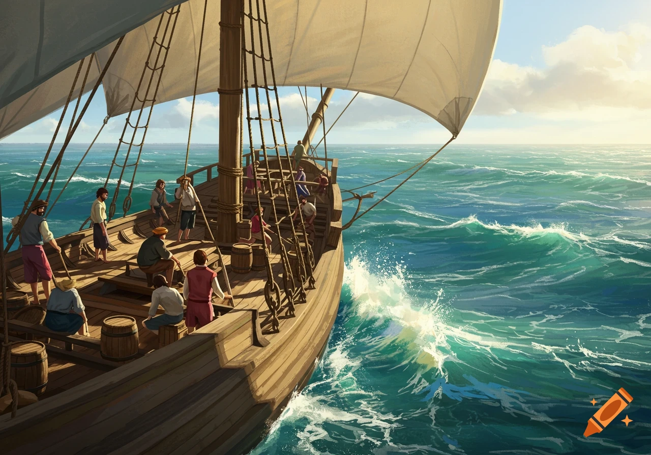 A sailing ship with people on deck travels on the ocean.