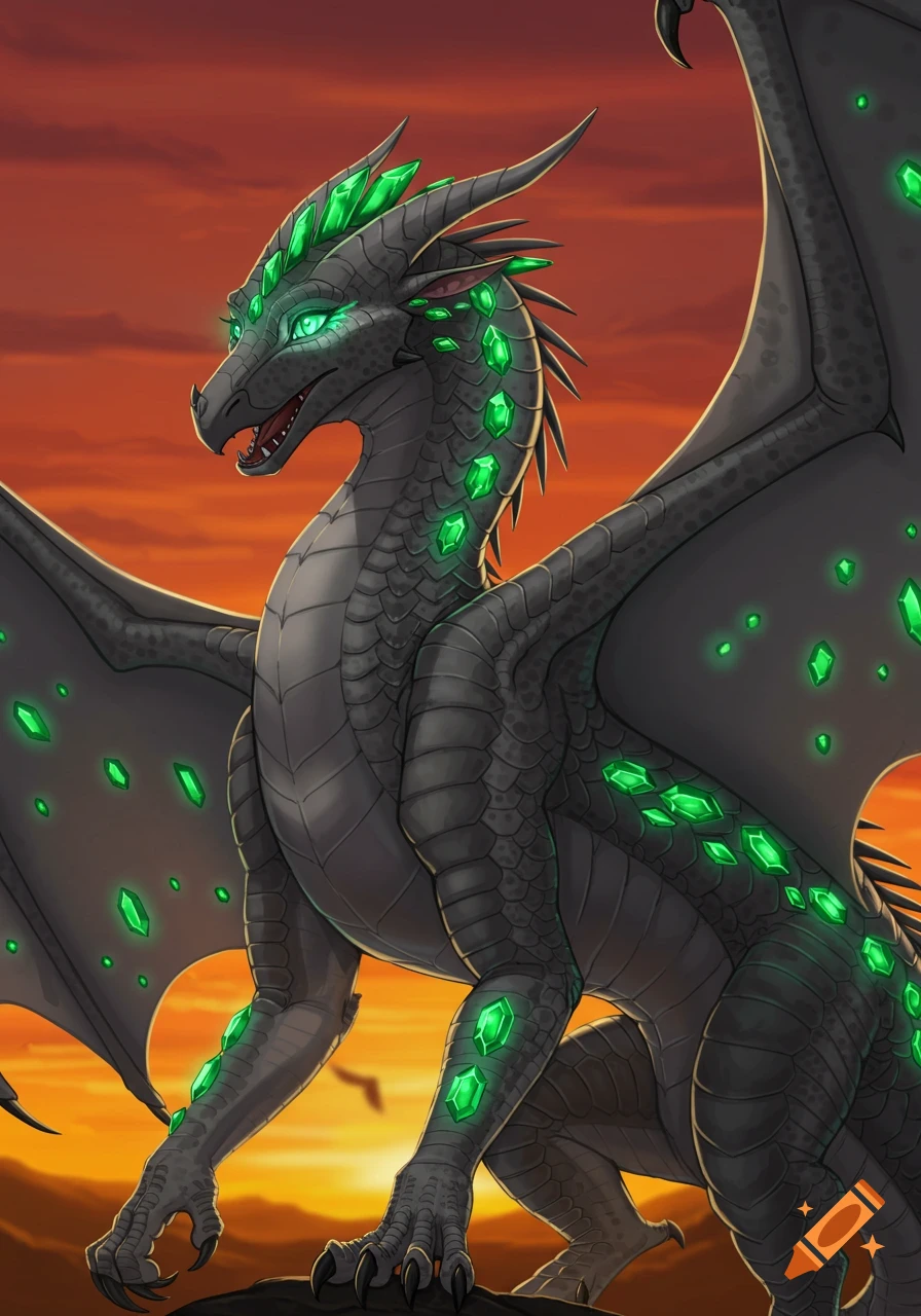 A grey dragon with green emeralds in its scales sits against a sunset sky.