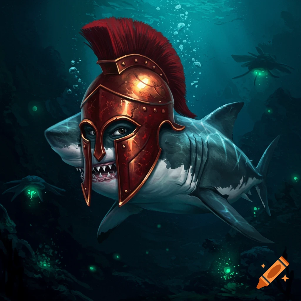 A shark wearing a red and gold Spartan helmet underwater.