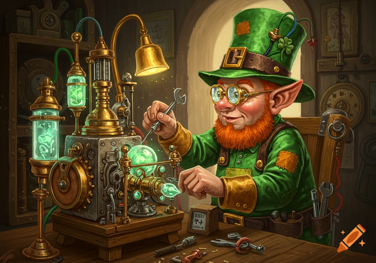 A leprechaun engineer works on a glowing steampunk machine in a workshop.