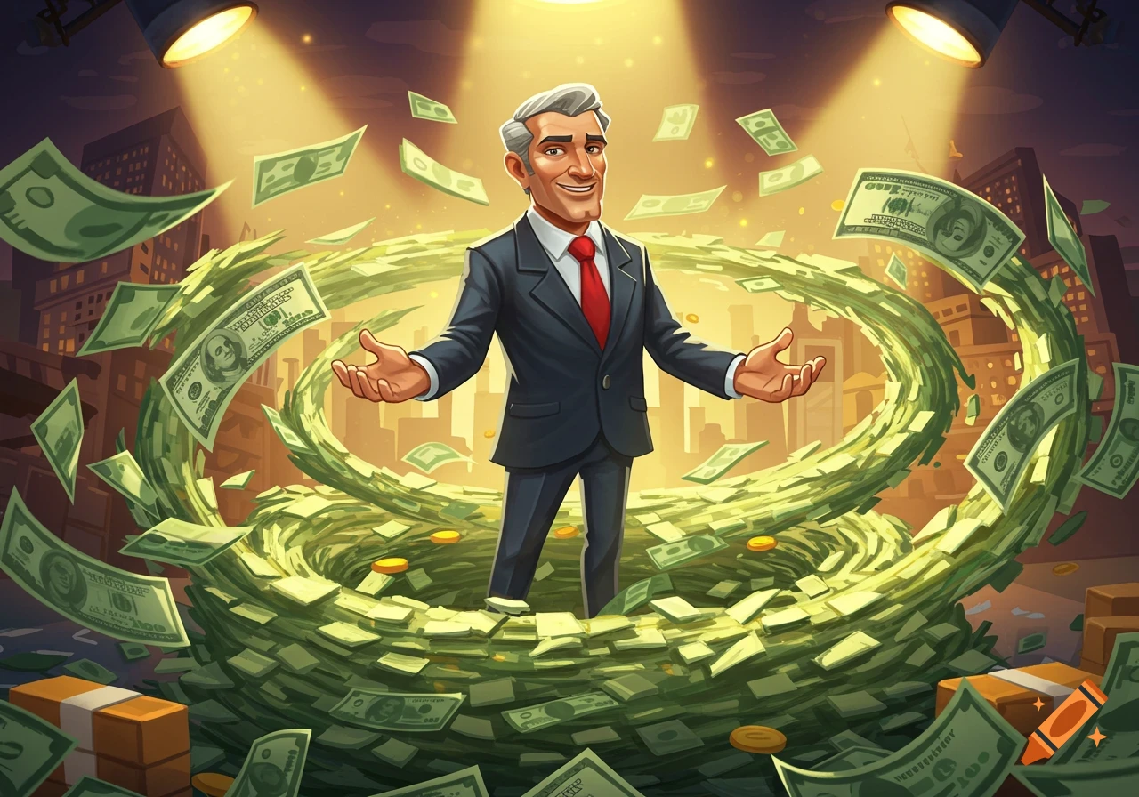 Cartoon businessman surrounded by a swirl of money in a city setting.