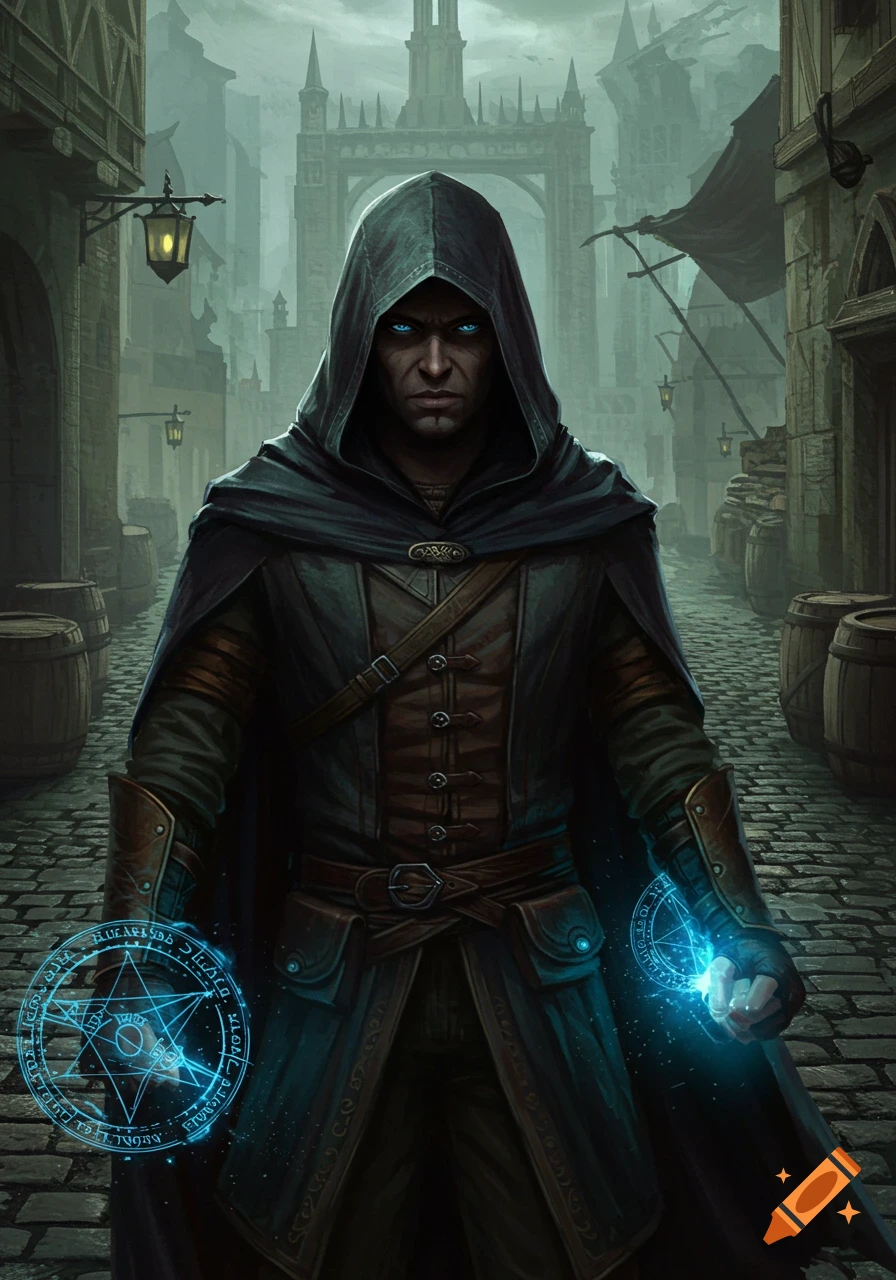 A hooded fantasy figure with glowing eyes stands in a city alley, holding glowing magical symbols.