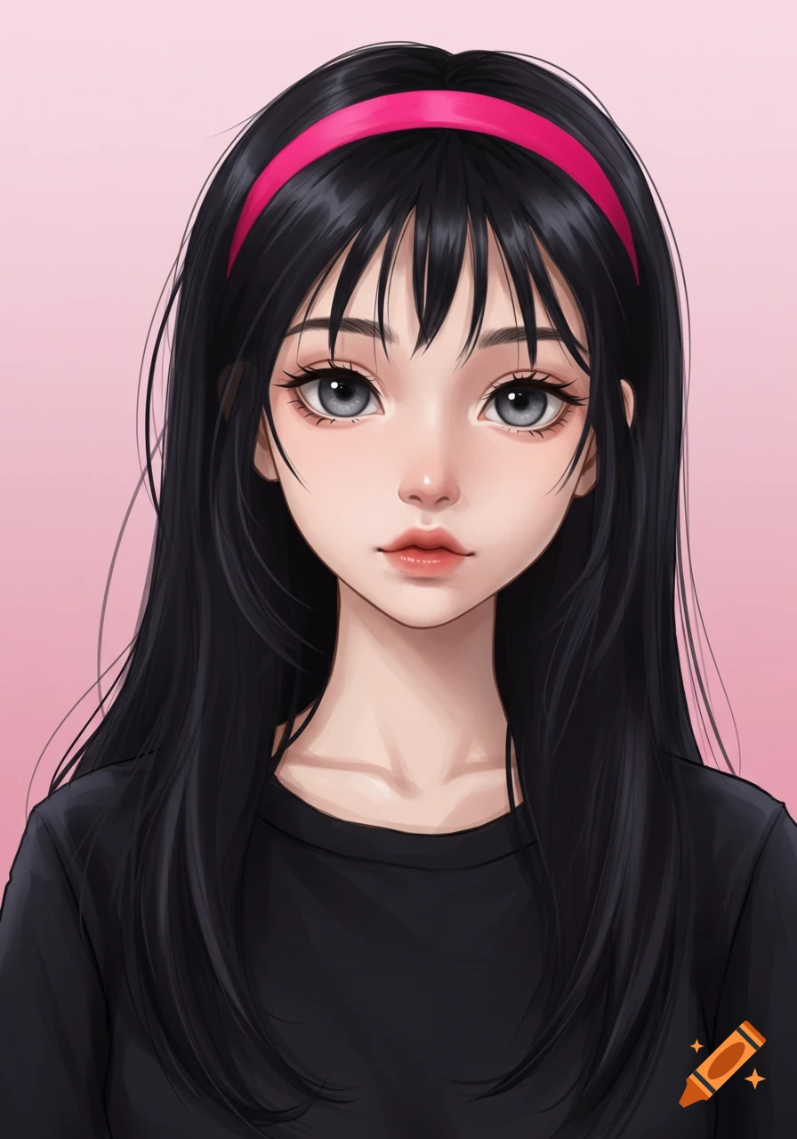 Anime portrait of a young woman with black hair, grey eyes, and a pink hairband