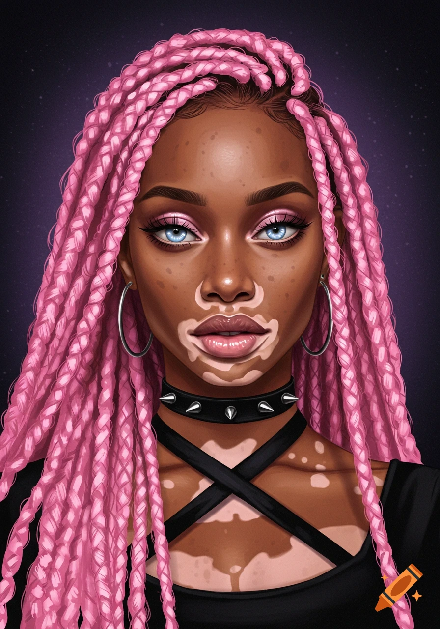 A Black woman with vitiligo, pink box braids, blue eyes, wearing a gothic outfit.