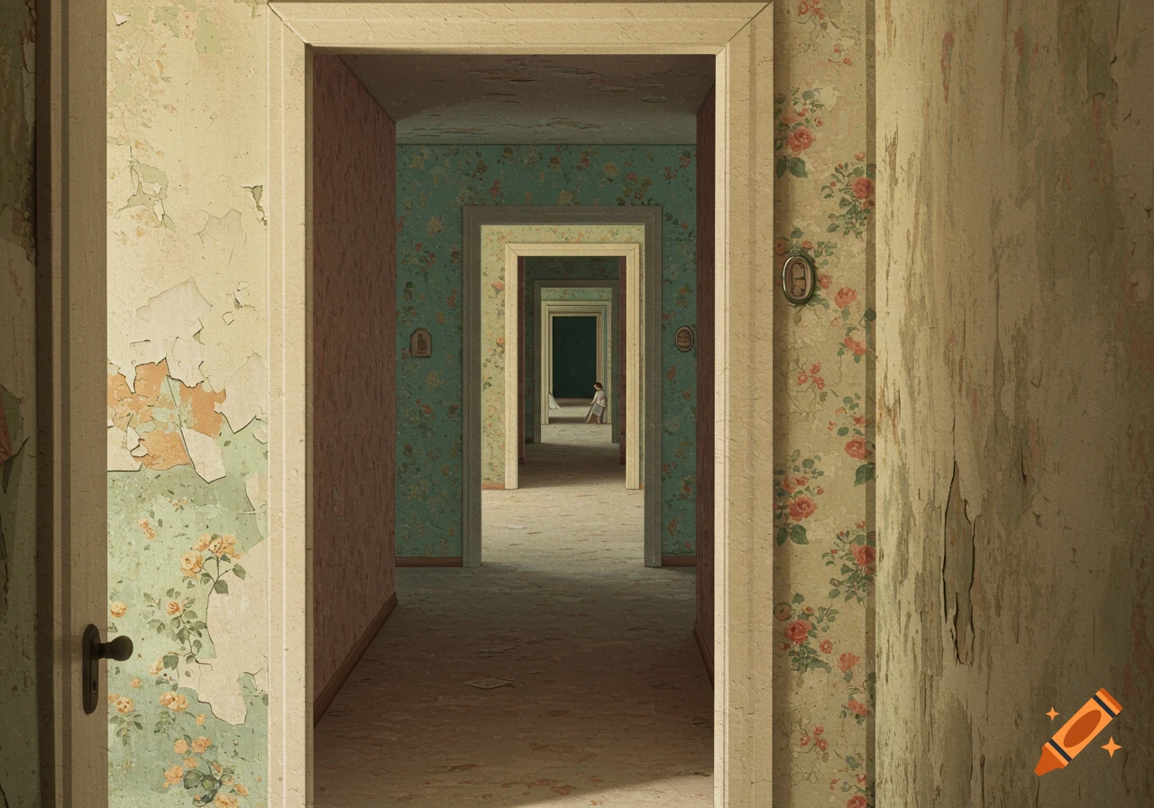 A long hallway stretches into the distance, lined with doors in an old apartment with peeling floral wallpaper. A small figure sits far down the hall.