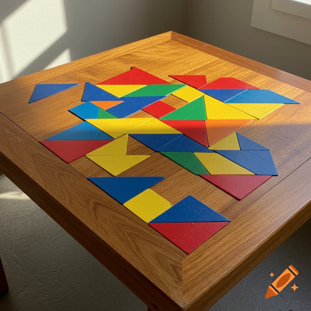 Colorful tangram pieces arranged on a wooden table.