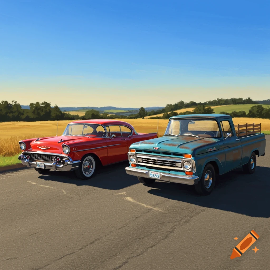 A red classic car and a teal truck are parked on a road beside a golden field.