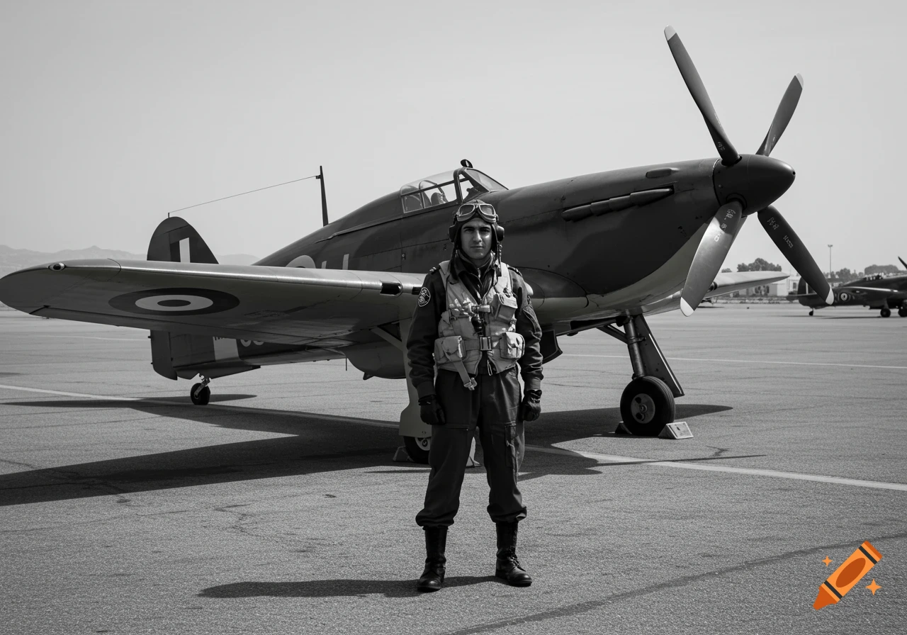 Black and white photo of a pilot standing in front of a vintage airplane on an airfield.