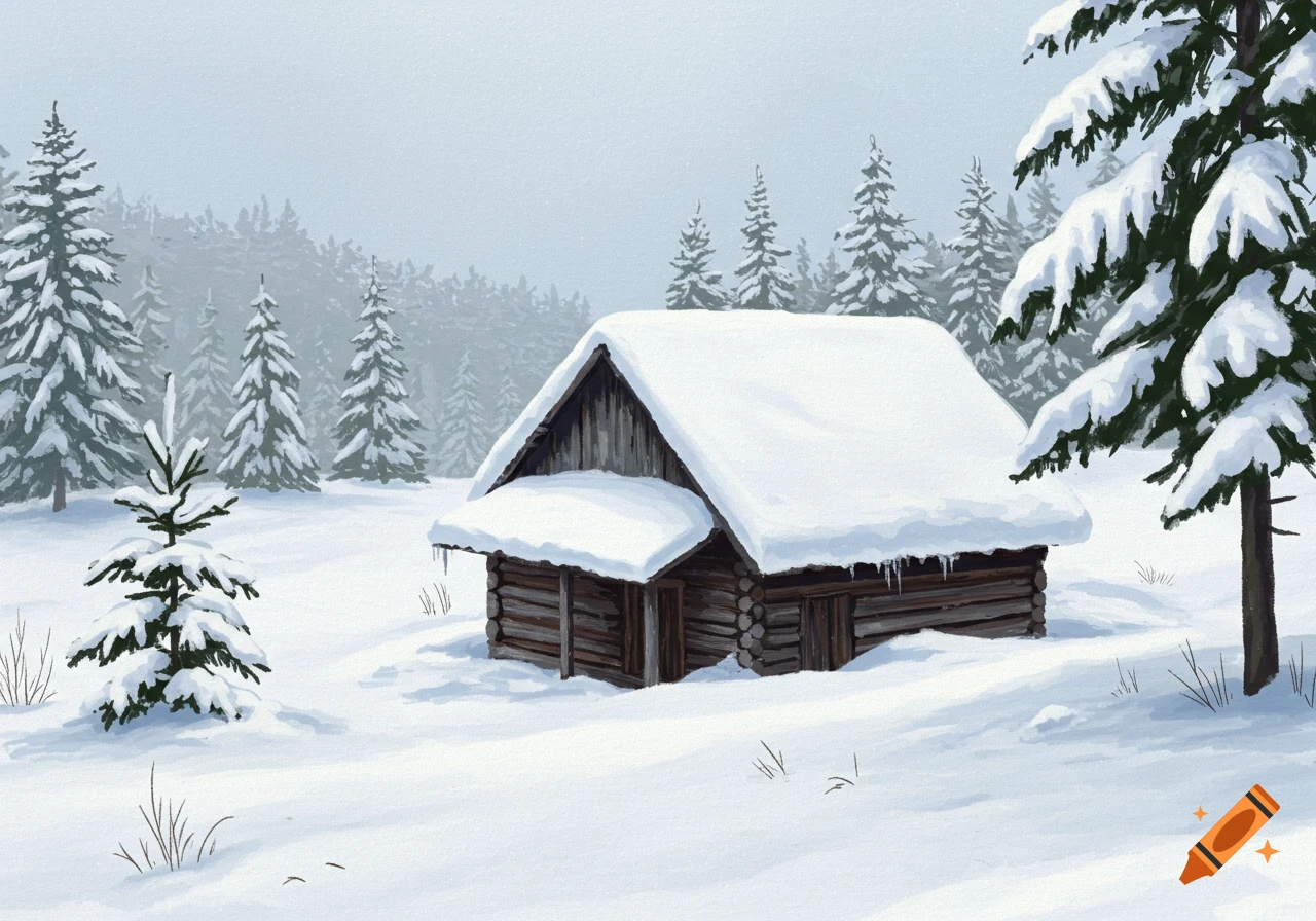 A snow-covered log cabin nestled in a snowy forest landscape.