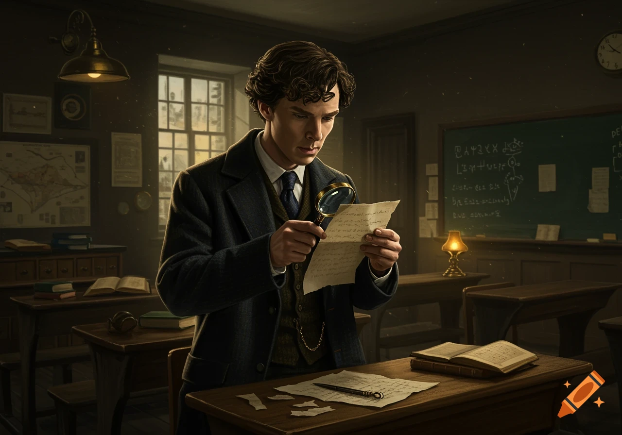 A man resembling Sherlock Holmes in a historical classroom examines a torn paper with a magnifying glass.