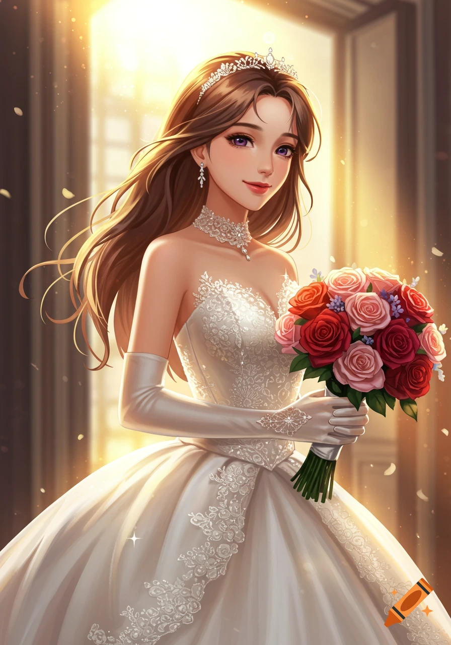 A woman in a wedding dress is holding a bouquet of roses.