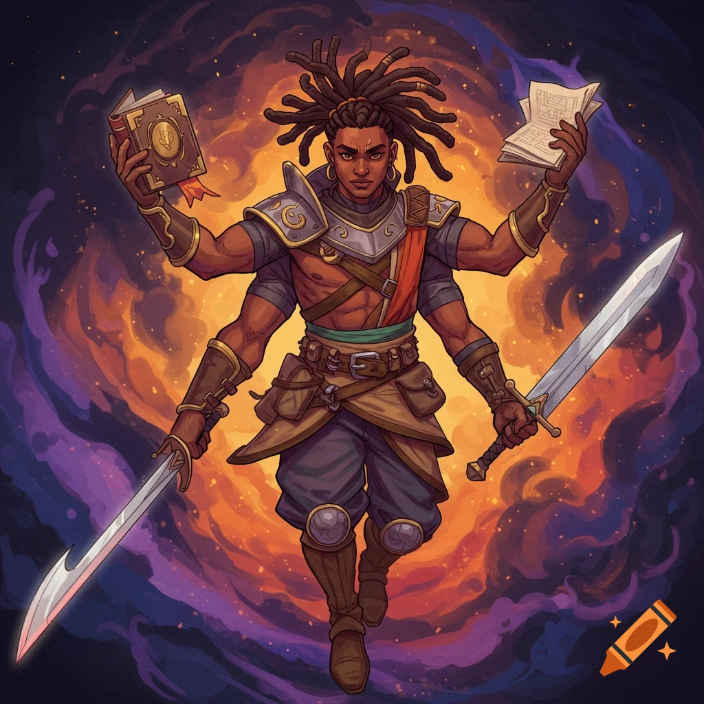 A fantasy character with four arms holding swords and a book, standing in a magical aura.