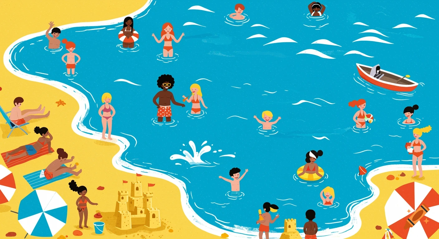 Vibrant vector illustration of a beach scene with diverse people swimming, sunbathing, and building sandcastles.