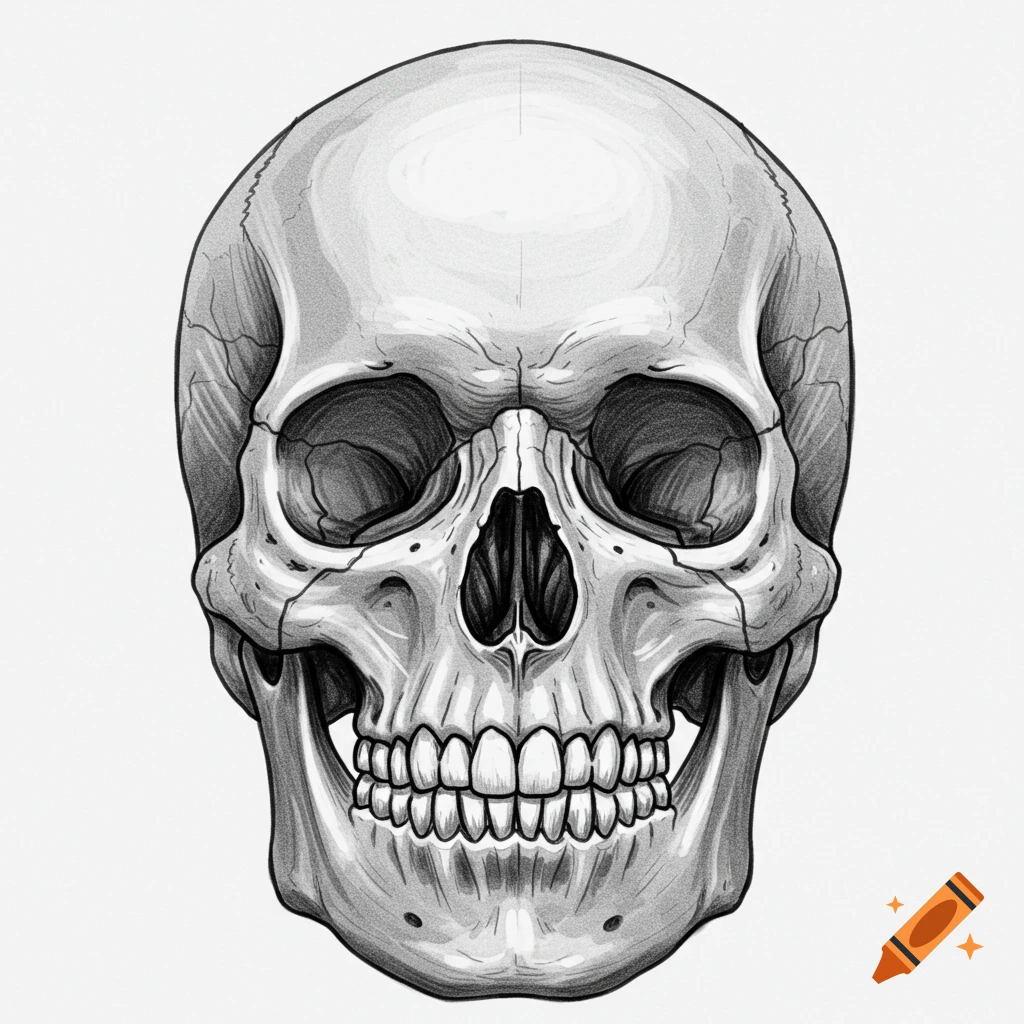 Detailed pencil drawing of a human skull facing forward