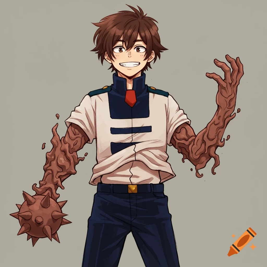 Anime character in a school uniform with one arm transformed into a spiked mace and the other into a clay-like limb, smiling.