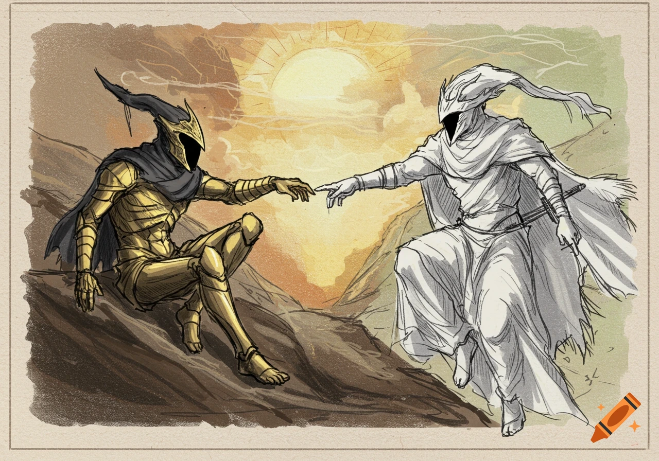 Sketch of two masked fantasy figures reaching for each other in a desert landscape.