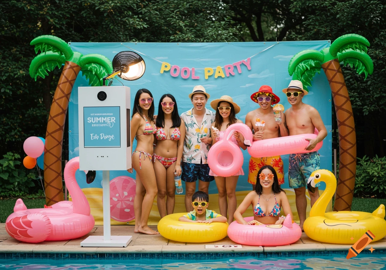 People pose at a summer pool party photo booth with inflatable flamingos and palm trees.
