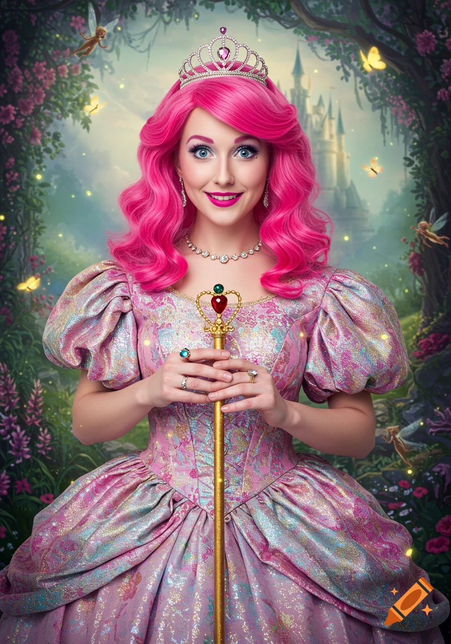 A princess with bright pink hair in a shimmering pink dress holds a staff in a magical forest with fairies and a castle.