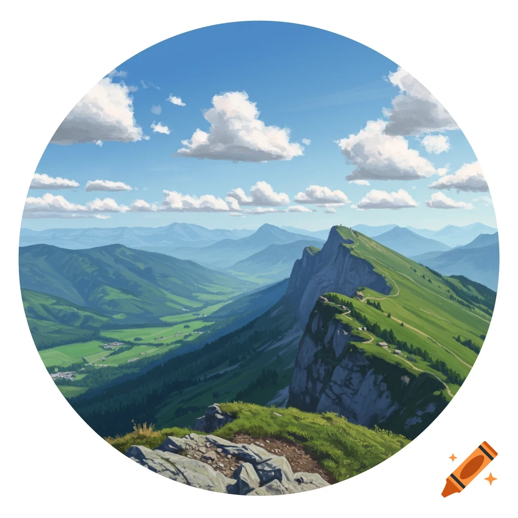 A lush green mountain ridge overlooks a valley under a cloudy blue sky.