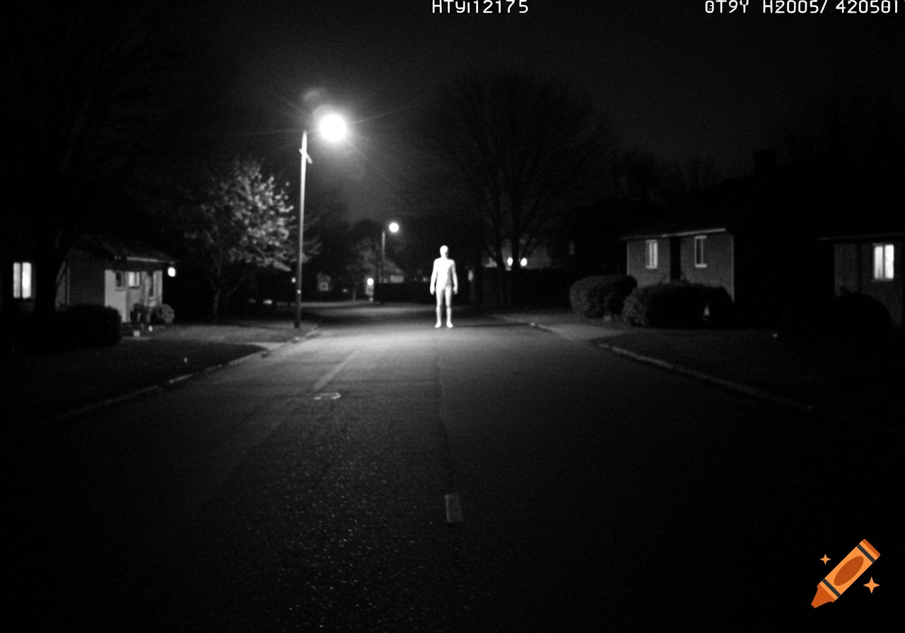 Black and white image of a pale figure standing under a street light on a deserted residential street at night, in a security camera style.