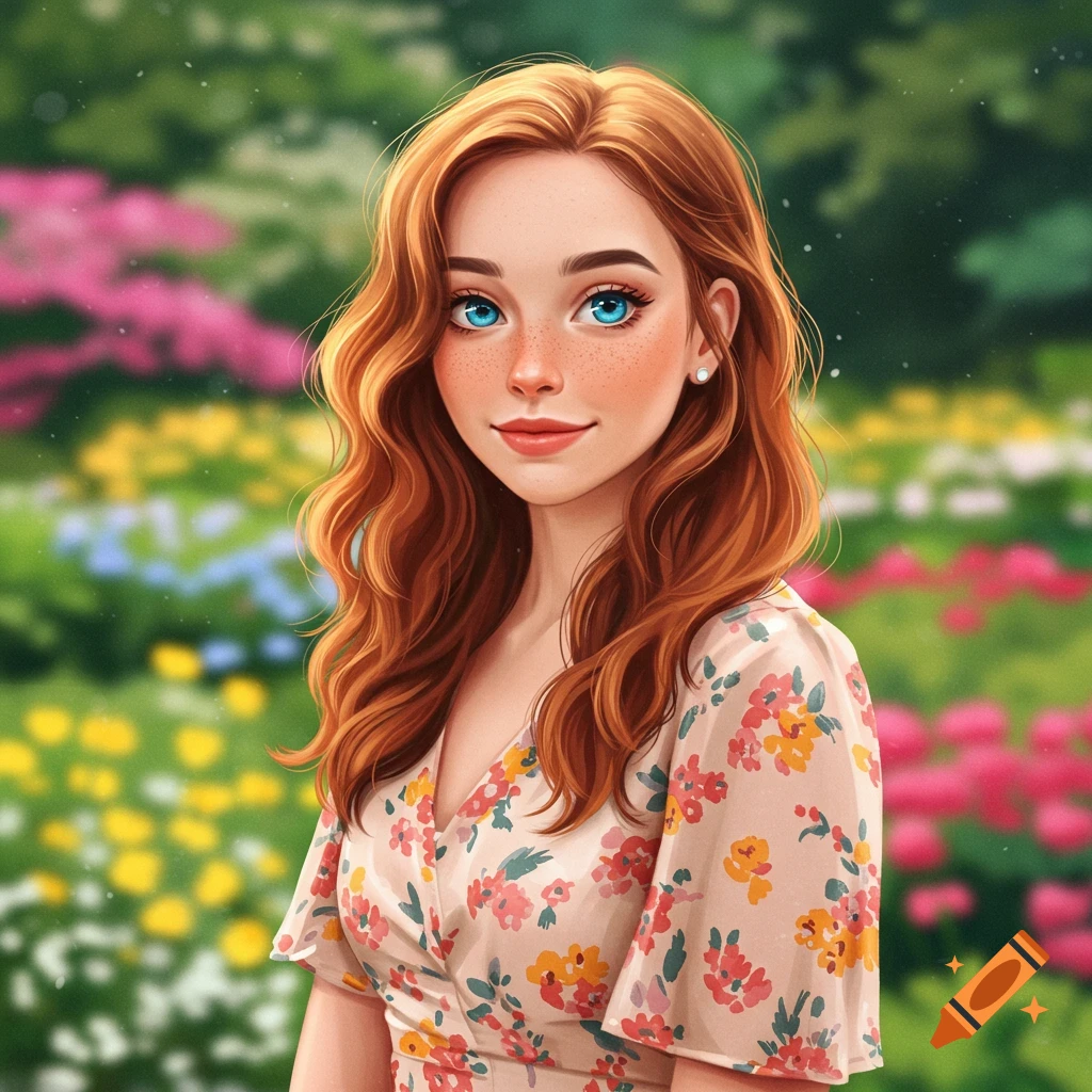 A red-haired woman with blue eyes wears a floral dress while standing in a garden.