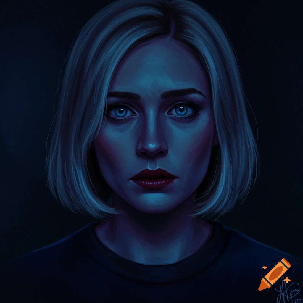 A woman with blue eyes and short blond hair, lit with blue light