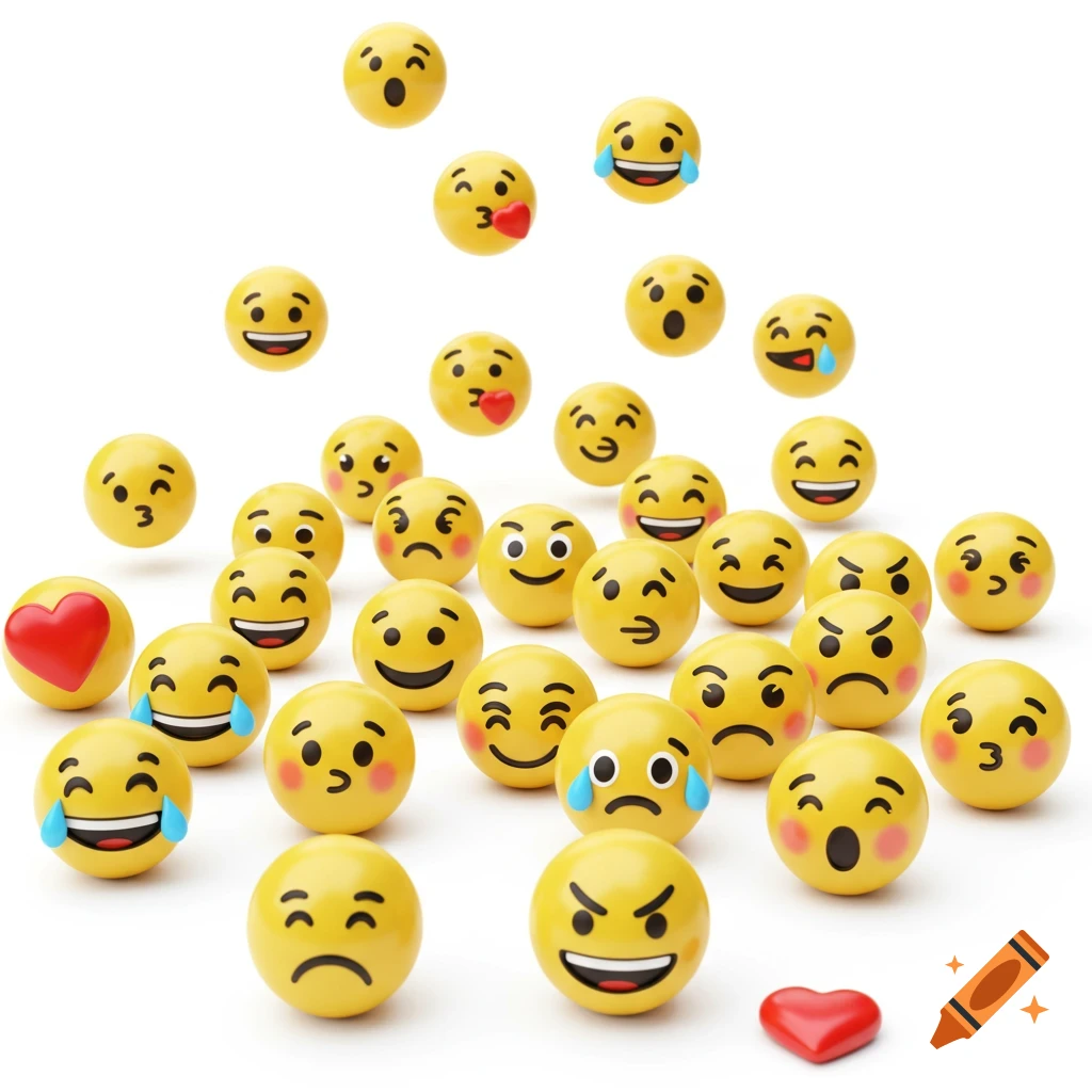 A collection of 3D emojis with various expressions scattered on a white surface.