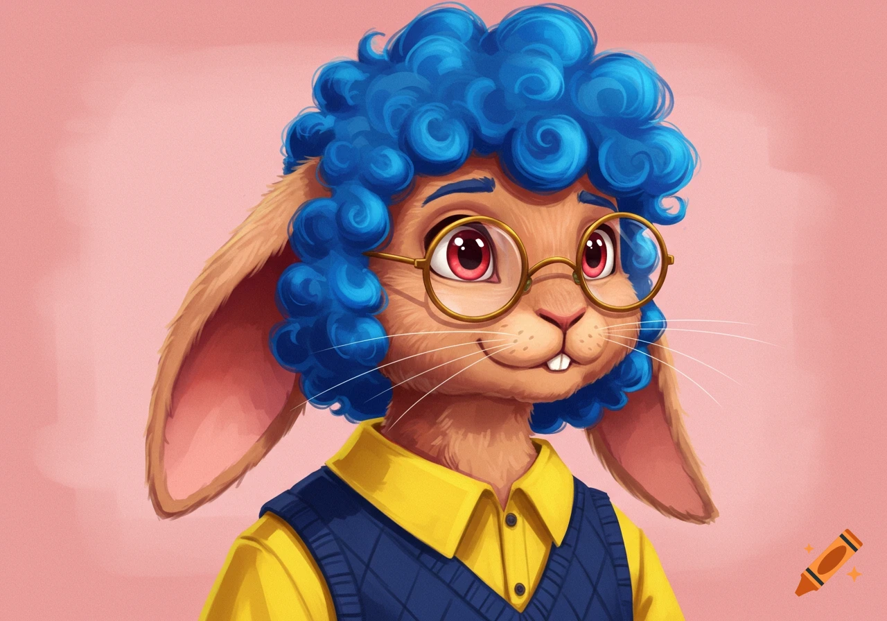 An anthropomorphic rabbit with blue curly hair, glasses, yellow shirt, and blue vest.