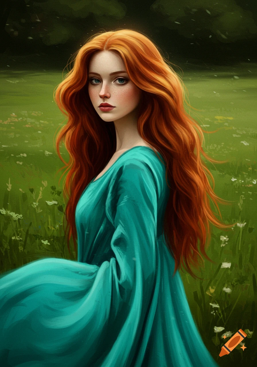 A woman with long red hair in a teal dress, standing in a grassy field.