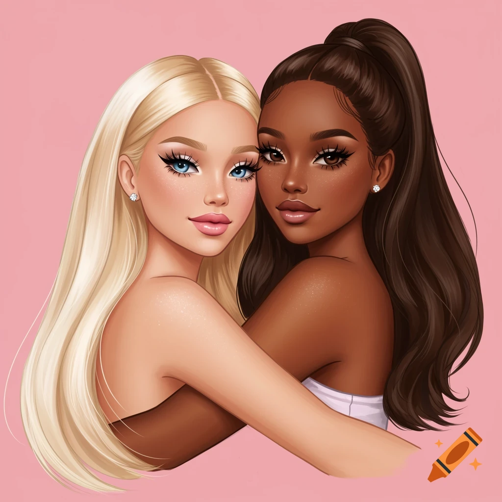 Two young women, one blonde and one with brown hair, hugging portrait-style on a pink background.