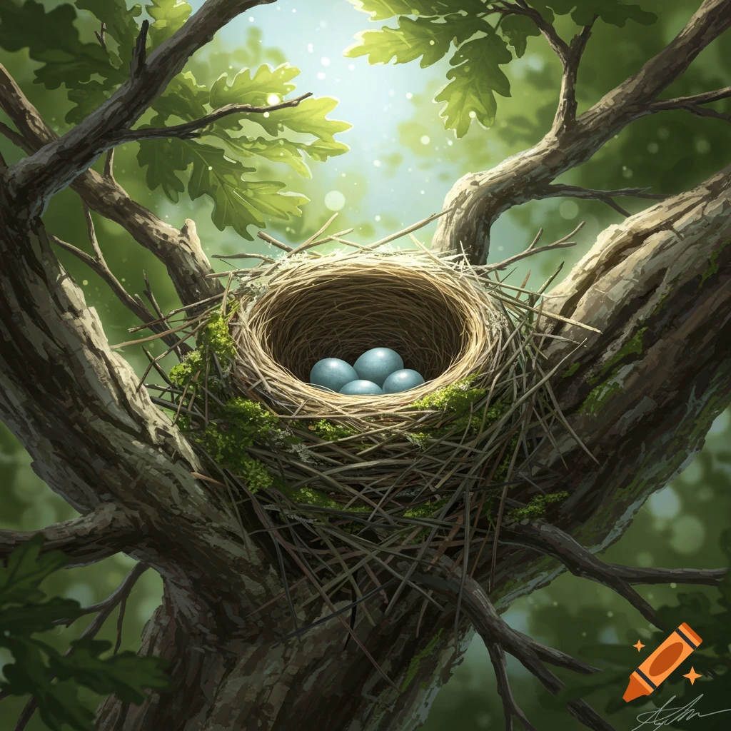 A bird's nest with four blue eggs in a sunlit tree