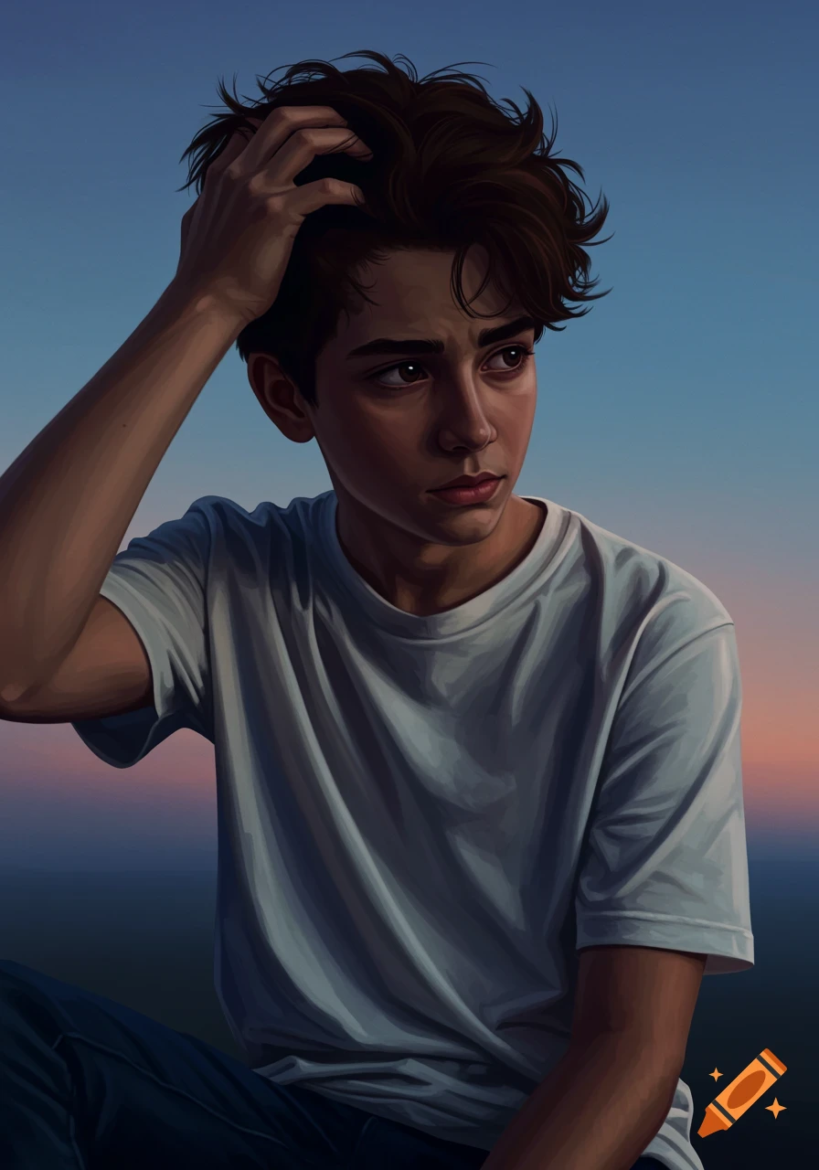 A pensive teenage boy with hand in hair against a twilight sky