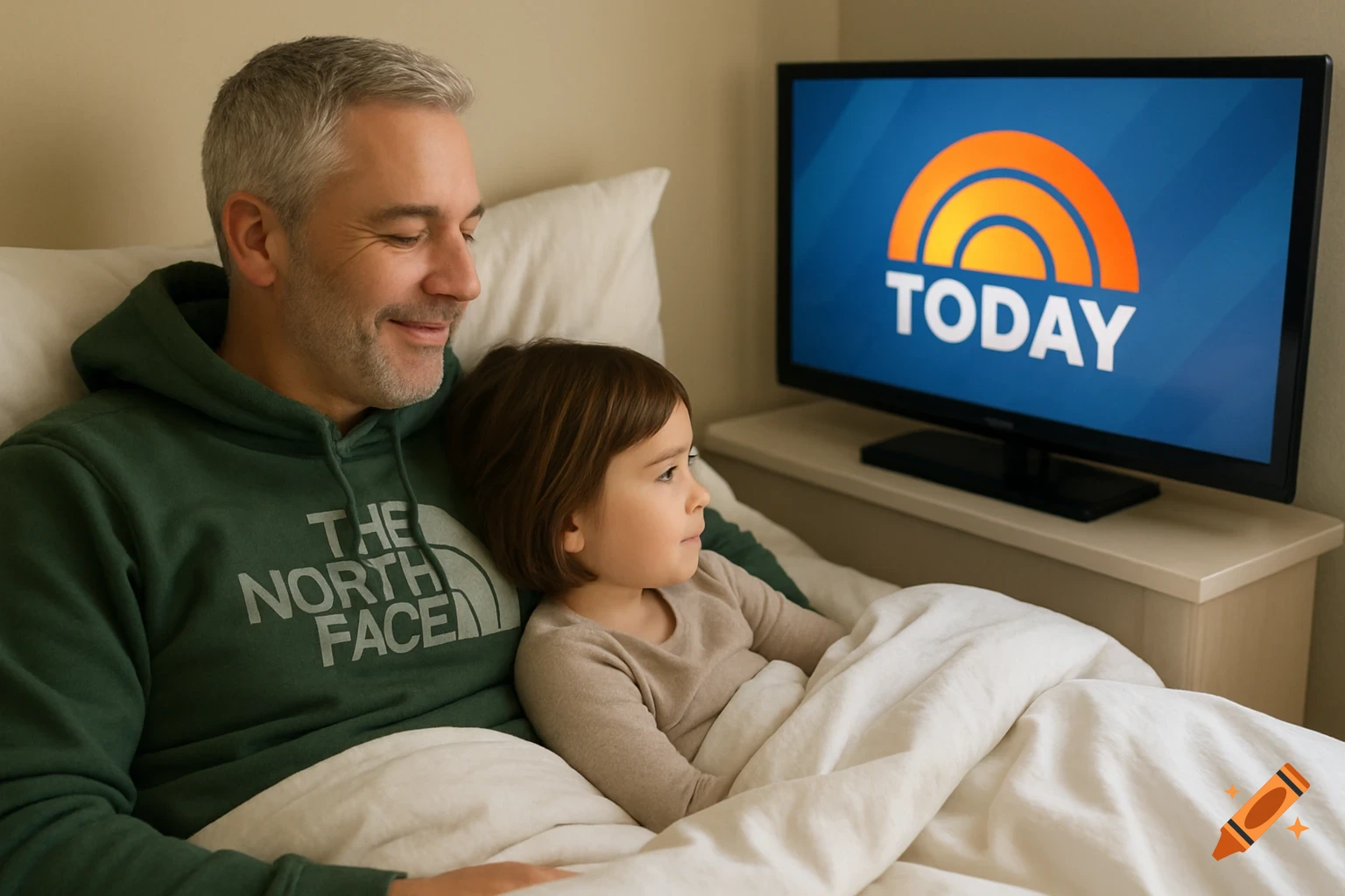 A father and daughter watch the Today show on TV while lying in bed.
