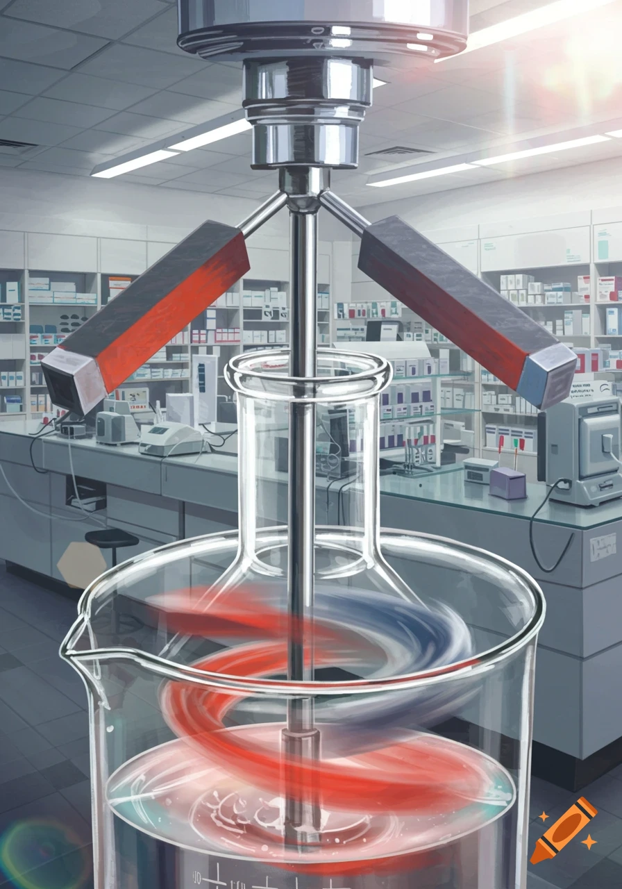 A magnetic stirrer mixing liquid in a beaker in a laboratory.