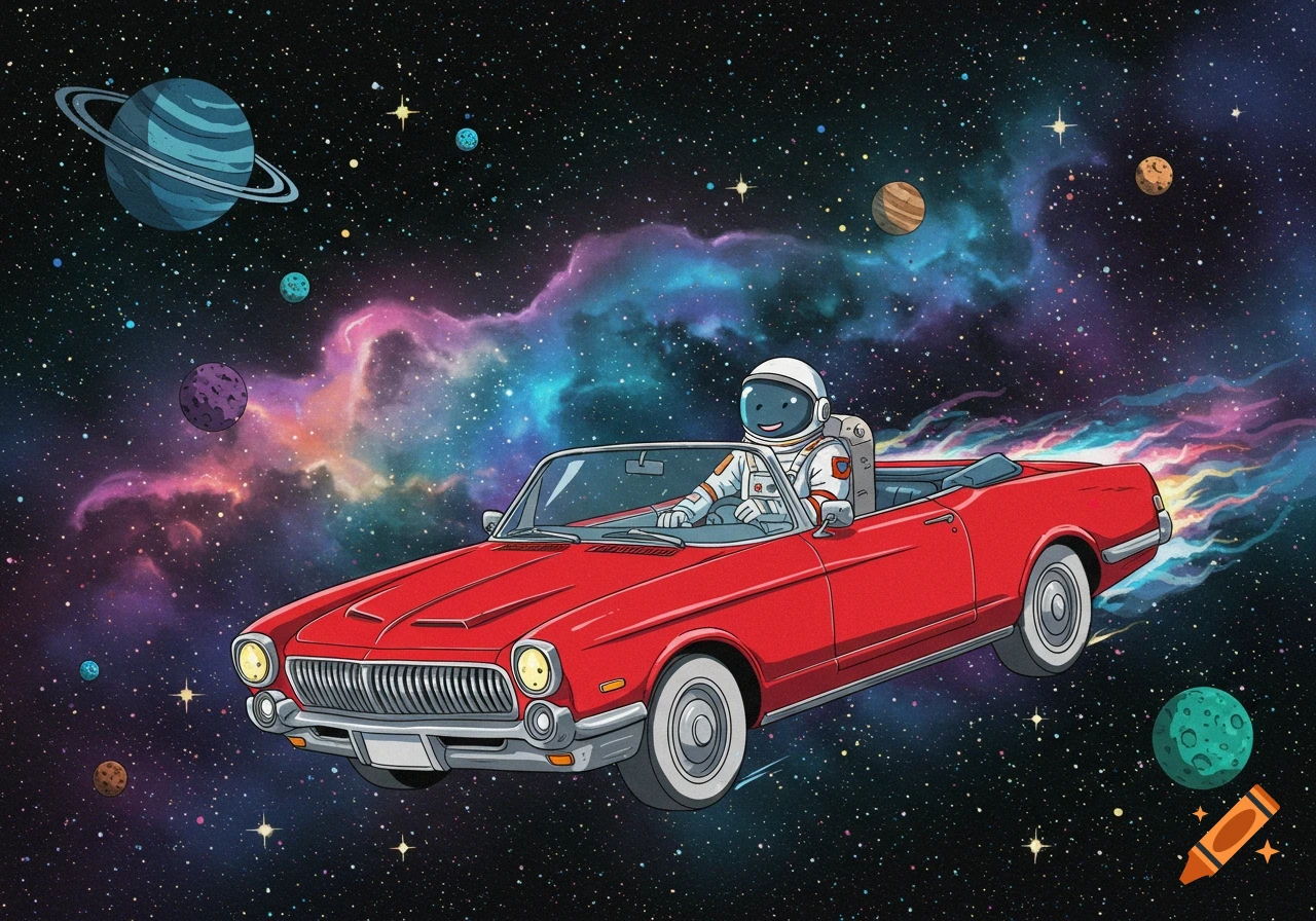 A cartoon astronaut drives a red convertible through space past colorful nebulae and planets.