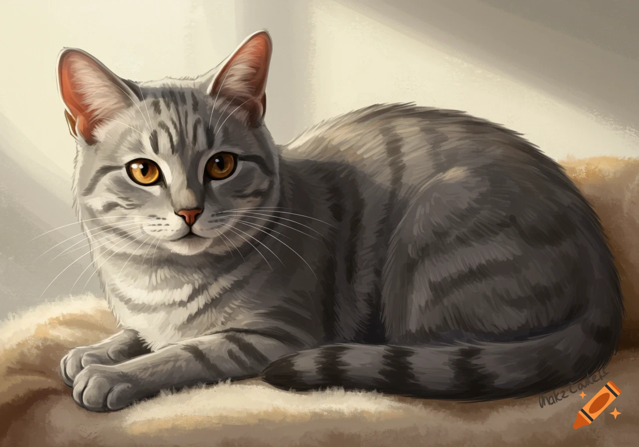A gray tabby cat with amber eyes resting on a fluffy surface.