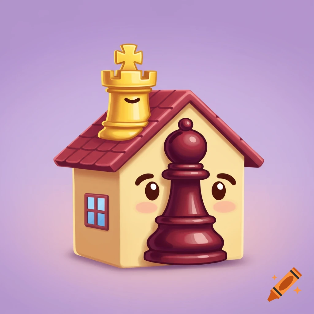 Cartoon illustration of a house with a golden rook on the roof and a maroon bishop covering the front, both pieces looking like emoji faces.