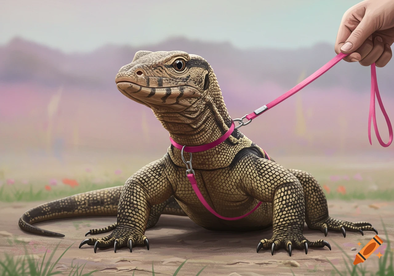 A close-up of a monitor lizard wearing a pink harness and leash held by a hand.